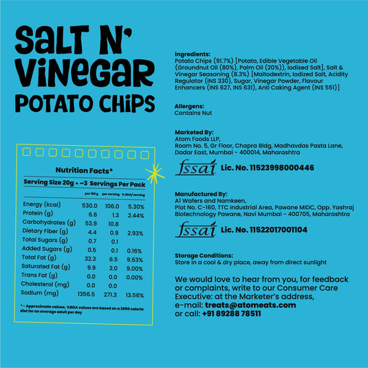 Buy Atom Eats - Salt N' Vinegar Potato Chips 60g each (Pack of 2) Snacks | Slimjim India