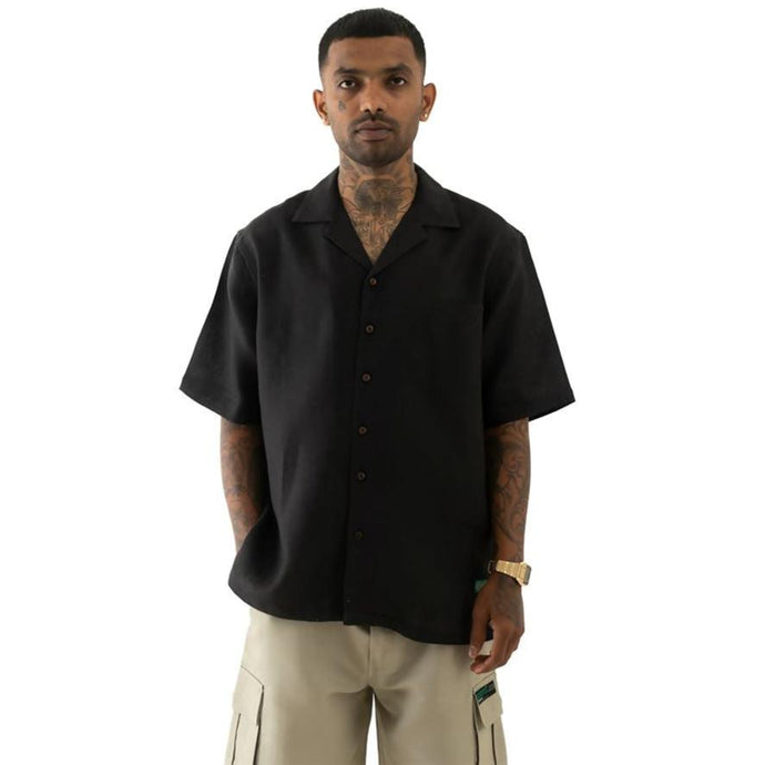 Buy Cannabie - ORIGINALS : Cuban Collar Hemp Shirt Solid Black Cuban Collar Hemp Shirt Solid Black | Slimjim India