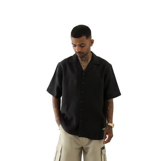 Buy OG Patchwork Cuban Collar Hemp Shirt Black OG Patchwork Cuban Collar Hemp Shirt | Slimjim India