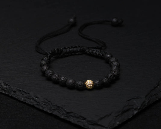 Double layered black leather bracelet with black lava rock stone 