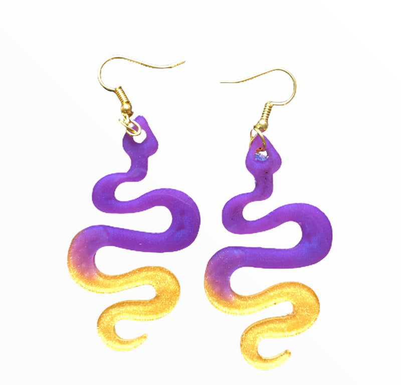 Load image into Gallery viewer, The Serpent - Resin Earrings earrings Jabra Junction Gold - Purp Glitter 
